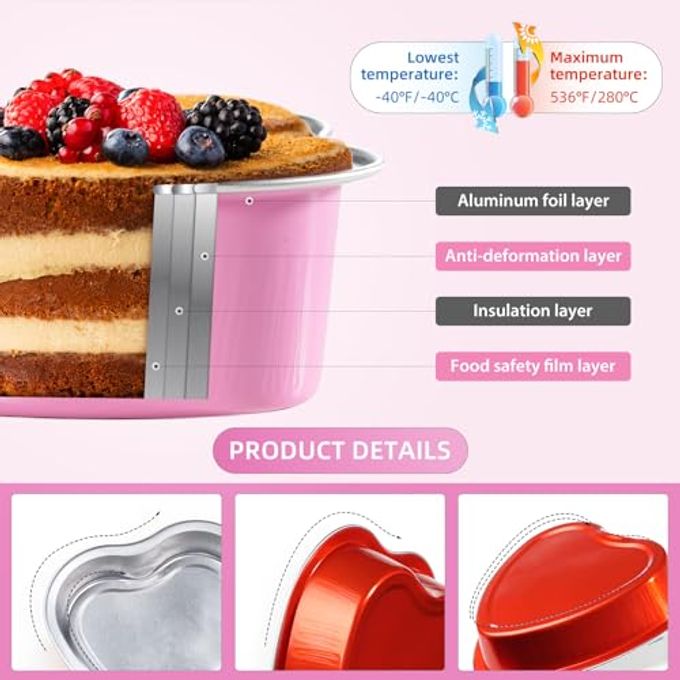 STN Mini Heart Shaped Cake Pans 9oz Aluminum Foil Cupcake Pans Disposable Heart Shaped Cake Pans with Lids Spoon for Valentine Mother's Day Birthday Wedding 25pcs (Red) - Image 3