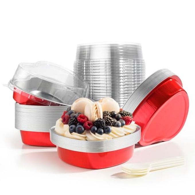 STN Mini Heart Shaped Cake Pans 9oz Aluminum Foil Cupcake Pans Disposable Heart Shaped Cake Pans with Lids Spoon for Valentine Mother's Day Birthday Wedding 25pcs (Red) - Image 1