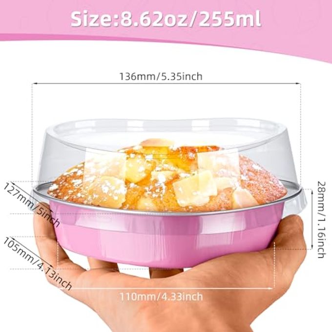 STN Mini Heart Shaped Cake Pans 9oz Aluminum Foil Cupcake Pans Disposable Heart Shaped Cake Pans with Lids Spoon for Valentine Mother's Day Birthday Wedding 25pcs (Red) - Image 5
