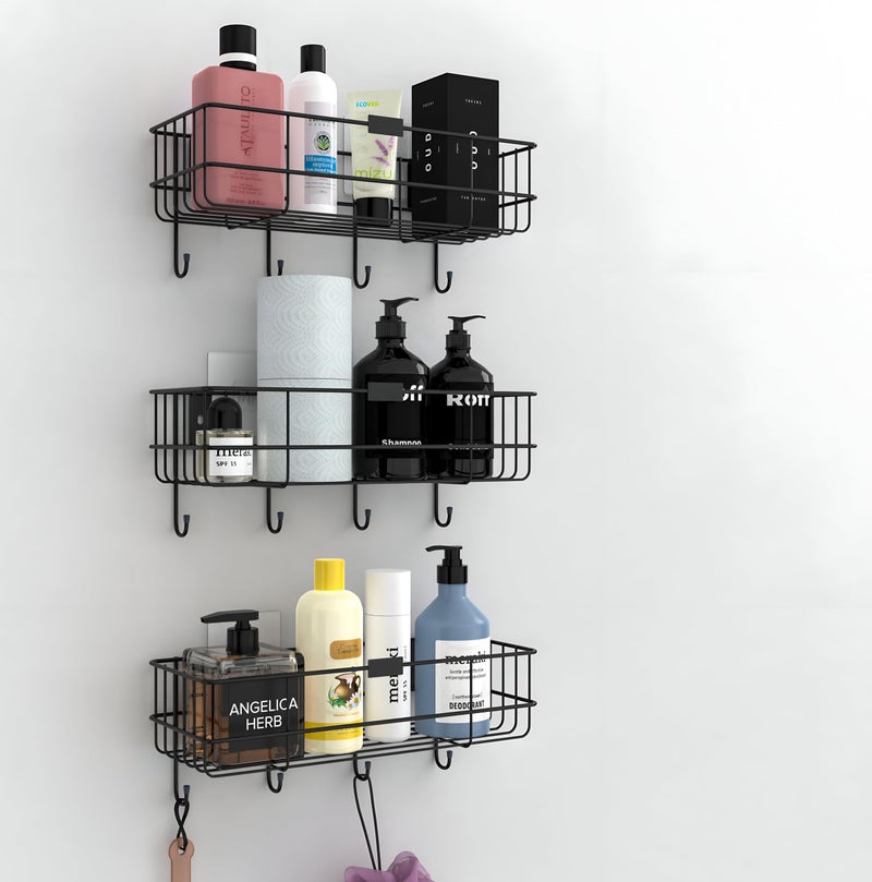 Homeor Self Adhesive Bathroom Shelf with 4 Hooks for Wall/Shelf Organizer/Kitchen Shelf with Magic Stickers, Saving Wall Mounted Bathroom Shelf, Pack of 3, Black Powder Coated - Image 1