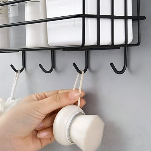 Homeor Self Adhesive Bathroom Shelf with 4 Hooks for Wall/Shelf Organizer/Kitchen Shelf with Magic Stickers, Saving Wall Mounted Bathroom Shelf, Pack of 3, Black Powder Coated - Image 3