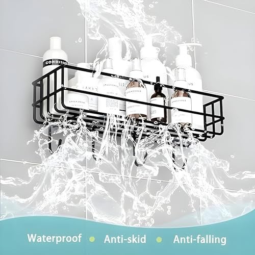 Homeor Self Adhesive Bathroom Shelf with 4 Hooks for Wall/Shelf Organizer/Kitchen Shelf with Magic Stickers, Saving Wall Mounted Bathroom Shelf, Pack of 3, Black Powder Coated - Image 4