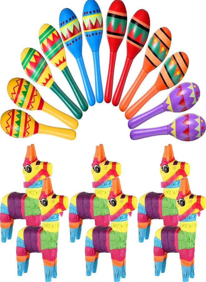 Hungdao 18 Pcs Mexican Fiesta Decor Include 12 Wooden Maracas Bulk 6Mini Donkey Piñatas Mexican Theme Decorations for Maracas Party Favors Adults Cinco De Mayo Party Props - Image 1