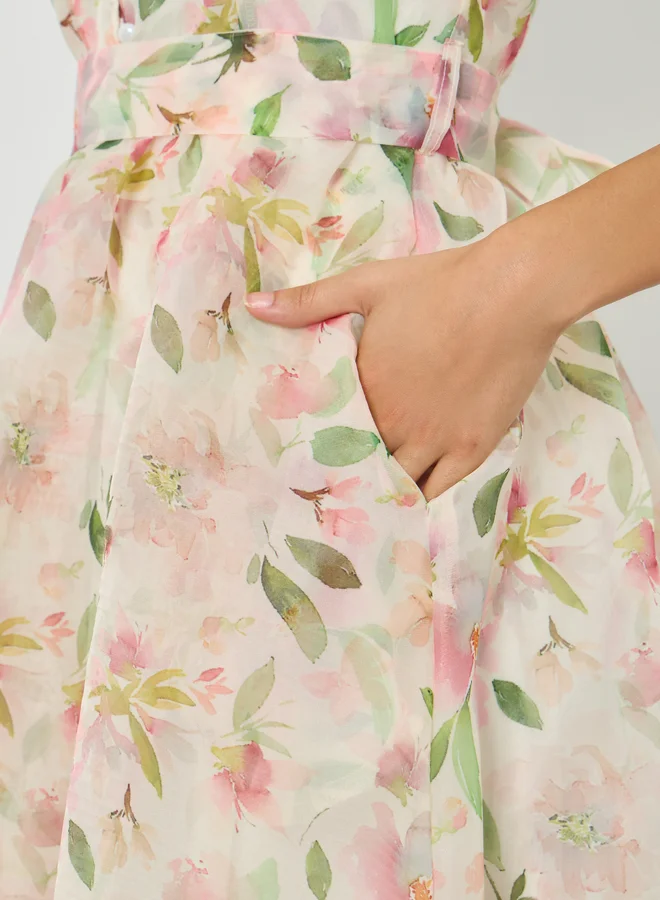 Styli  Cream Floral Puff Sleeves Maxi Dress with Tie-Belt for Women | Best Price UAE