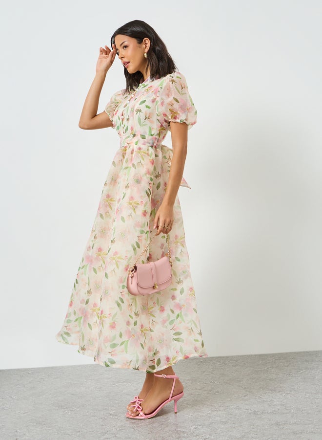 Styli Cream Floral Puff Sleeves Maxi Dress with Tie-Belt - Image 1