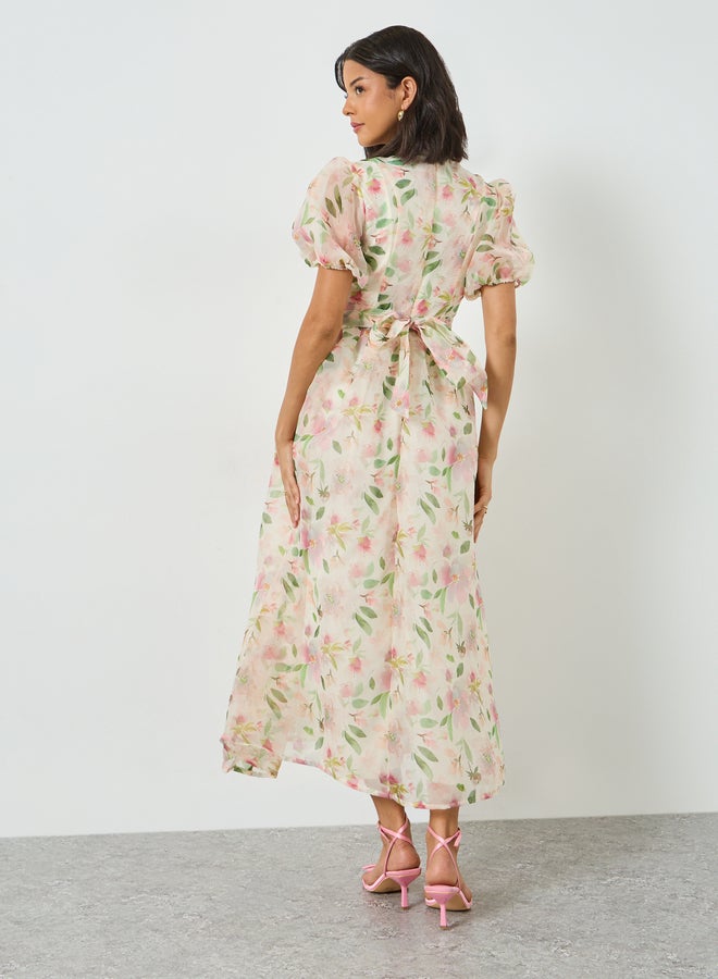 Styli Cream Floral Puff Sleeves Maxi Dress with Tie-Belt - Image 3