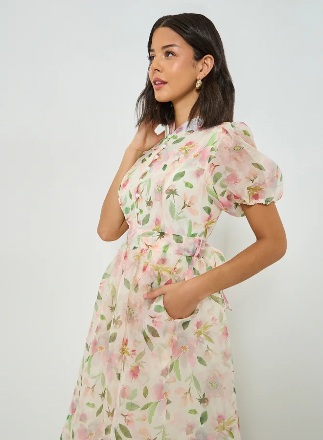 ستايلي فستان طويل بأكمام منفوخة وطبعة زهور وحزام ربط