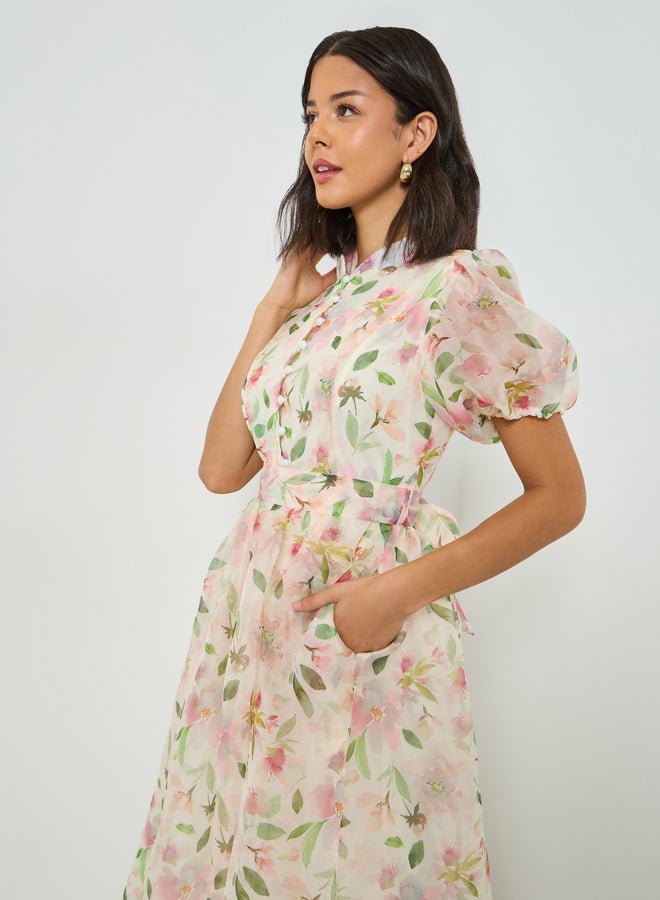 Styli Cream Floral Puff Sleeves Maxi Dress with Tie-Belt - Image 2
