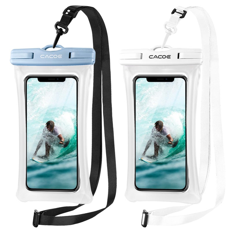 CACOE [Floatable] Floating Universal Waterproof Phone case 2 Pcs-Up to 7.0",Waterproof Phone Pouch with Adjustable Neck Lanyard,IPX8 Cellphone Dry Bags for Beach Pool Swimmingï¼ˆWhite+Blueï¼‰ - Image 1