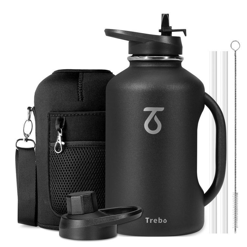 Trebo Half Gallon 64oz Water Bottle with HandleDouble Wall Vacuum Insulated Large Water JugStainless Steel Water Bottle FlaskGym Water Bottles For Men with Straw Spout Lids StrapBlack