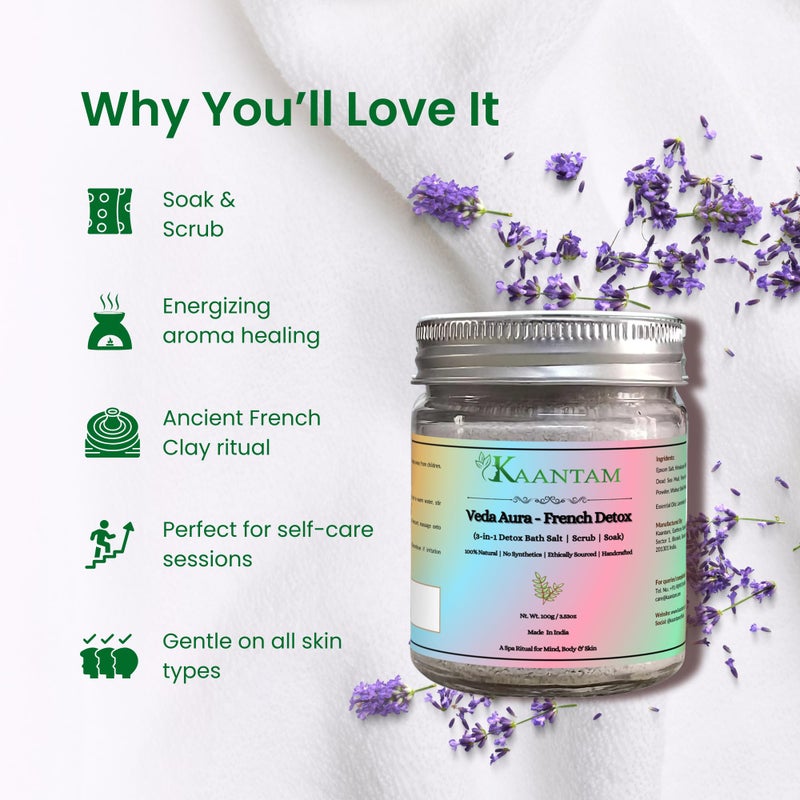 Kaantam French Detox Bath Salt | Himalayan Pink Salt & Epsom Salt with French Green Clay, Camel Milk & Lavender Oil | Natural Bath Salt for Women, Scrub, Tub & Foot Soak - Image 3
