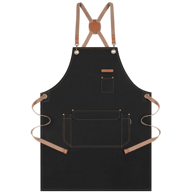 Genixart Chef Apron for Men Women with Gift Box Pack Cross Back Apron with Pockets for Kitchen Cooking Baking Artist Painting Cotton Canvas Work Aprons for Shop Garden Restaurant Cafe Black