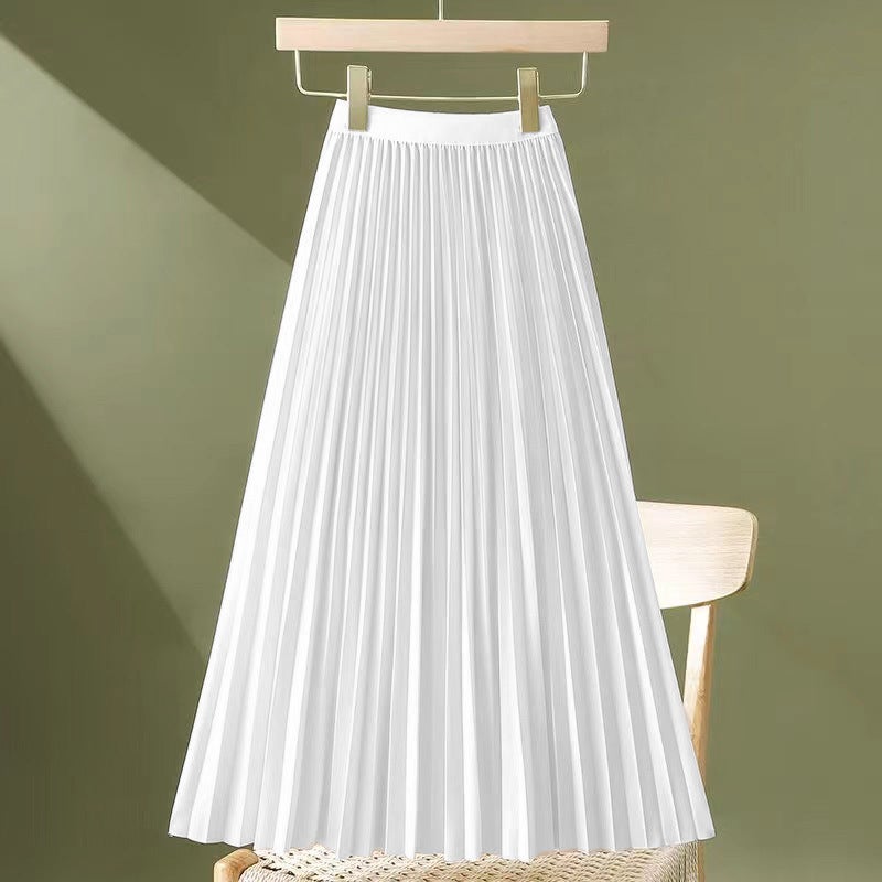 تنورة مطوية رقيقة أنيقة بلون موحد لفصل الربيع والصيف 2025 جديدة بتصميم درابيه عالية الخصر متوسطة الطول نحيفة تناسب جميع الأزياء باللون الأبيض - Image 5