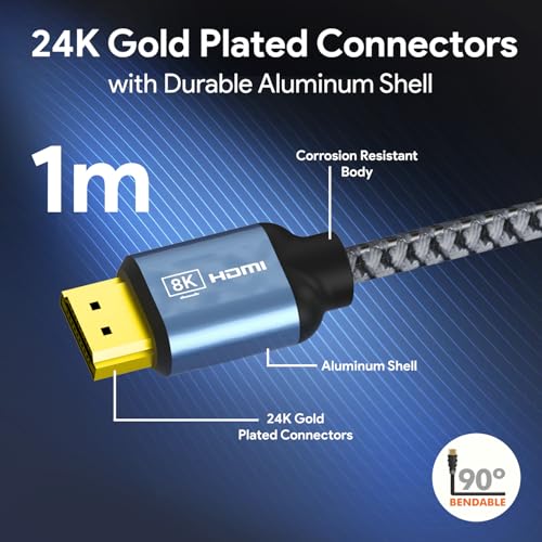 Amkette Ultra High Speed HDMI 2.1 Cable (1m/3.3ft) | 8K@60Hz, 4K@120Hz | 48Gbps | Certified with QR Code | eARC, HDR10+, VRR Support | Gold-Plated Connectors | Braided HDMI Cable for TV, PS5, Xbox - Image 5
