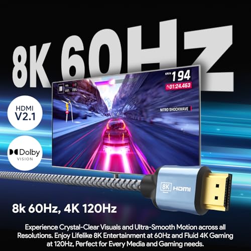Amkette Ultra High Speed HDMI 2.1 Cable (1m/3.3ft) | 8K@60Hz, 4K@120Hz | 48Gbps | Certified with QR Code | eARC, HDR10+, VRR Support | Gold-Plated Connectors | Braided HDMI Cable for TV, PS5, Xbox - Image 3