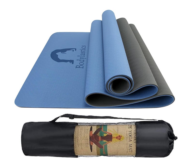 Bodylastics Yoga Mat for Men and Women with Carry Bag TPE 6ft x 2ft x 6mm Large Size Anti Slip & Anti Tear Workout Mat (Grey Blue/Black Mat) - Image 1