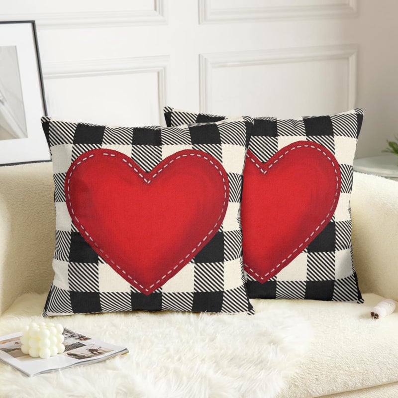 Wnoesat Valentines Outdoor Pillow Covers 18x18 Set of 2 Red Love Heart Throw Pillow Cover Black and White Buffalo Plaids Valentine Decorative Pillow Case for Bed Couch Sofa - Image 2