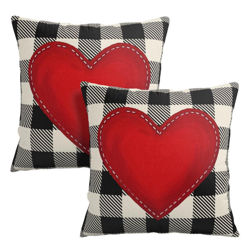 Wnoesat Valentines Outdoor Pillow Covers 18x18 Set of 2 Red Love Heart Throw Pillow Cover Black and White Buffalo Plaids Valentine Decorative Pillow Case for Bed Couch Sofa - Image 1