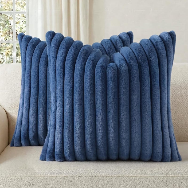 Pallene Faux Fur Plush Throw Pillow Covers 16x16 Set of 2 - Luxury Soft Fluffy Striped Decorative Pillow Covers for Sofa, Couch, Living Room - Navy Blue - Image 1