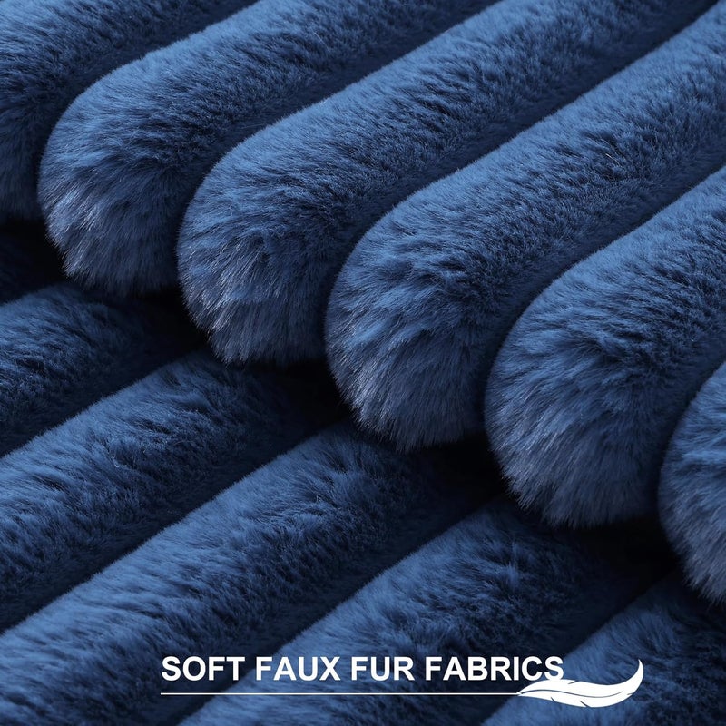 Pallene Faux Fur Plush Throw Pillow Covers 16x16 Set of 2 - Luxury Soft Fluffy Striped Decorative Pillow Covers for Sofa, Couch, Living Room - Navy Blue - Image 2