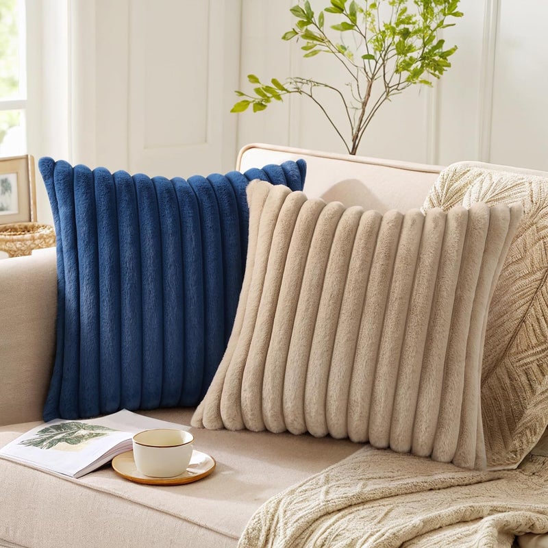 Pallene Faux Fur Plush Throw Pillow Covers 16x16 Set of 2 - Luxury Soft Fluffy Striped Decorative Pillow Covers for Sofa, Couch, Living Room - Navy Blue - Image 5
