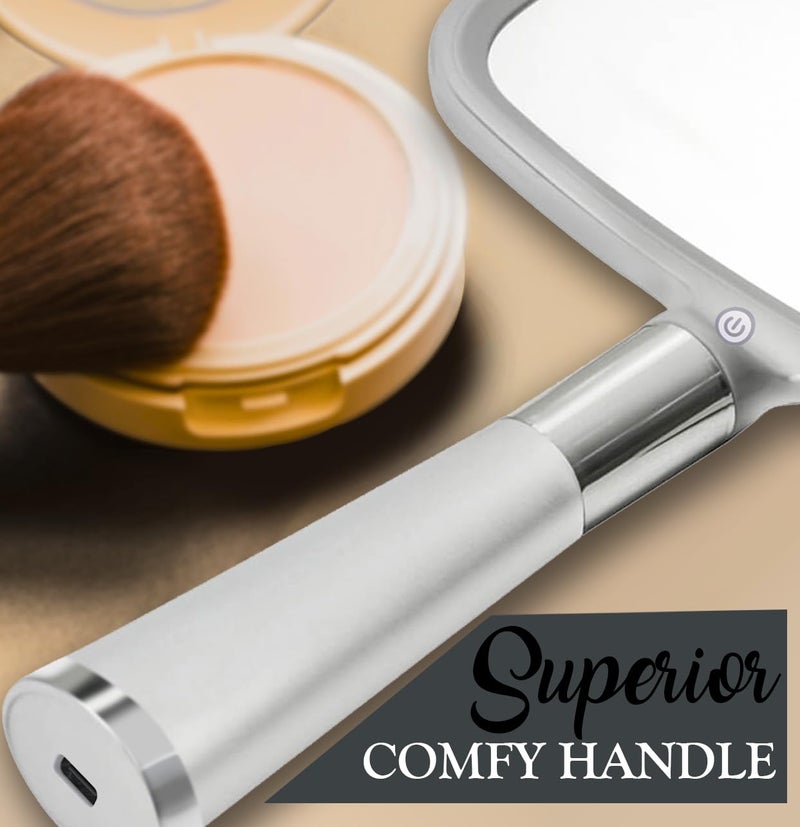 ميرورفانا مرآة مكياج للسفر مضاءة من Mirrorvana - مرآة يد 2 في 1 ومرآة طاولة مع 3 أوضاع إضاءة وحامل قابل للفصل ومقبض مريح - 9 بوصة × 13 بوصة (فضي لامع) - Image 5