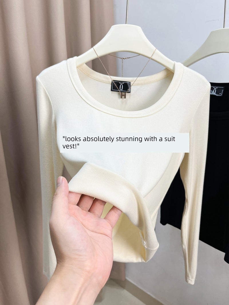 Flower gray long-sleeved large U-neck base shirt, girls' low-neck top, basic versatile solid color thread simple inner wear t-shirt - Image 1