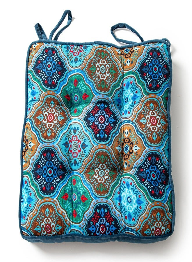 vctops Luxury Velvet Chair Seat Cushions for Kitchen Dining Room Chairs Boho Printed Chair Pad with Ties Soft and Comfortable Square Chair Cushion (Blue,16"x16") - Image 1