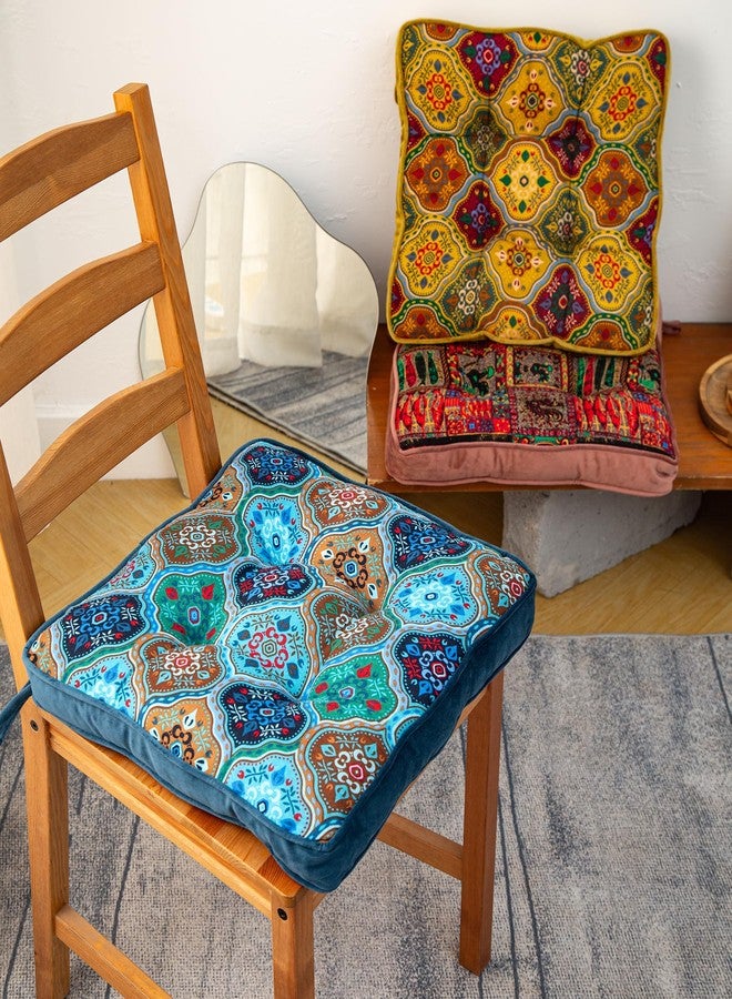 vctops Luxury Velvet Chair Seat Cushions for Kitchen Dining Room Chairs Boho Printed Chair Pad with Ties Soft and Comfortable Square Chair Cushion (Blue,16"x16") - Image 2