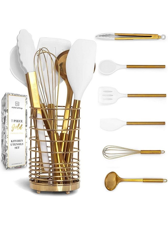 styled settings Gold Kitchen Utensils Set - 7-Piece White Silicone Cooking Tools with Gold Utensil Holder - Luxury Kitchen Accessories for Stylish Cooking and Serving, Ideal for Gifting - Image 1