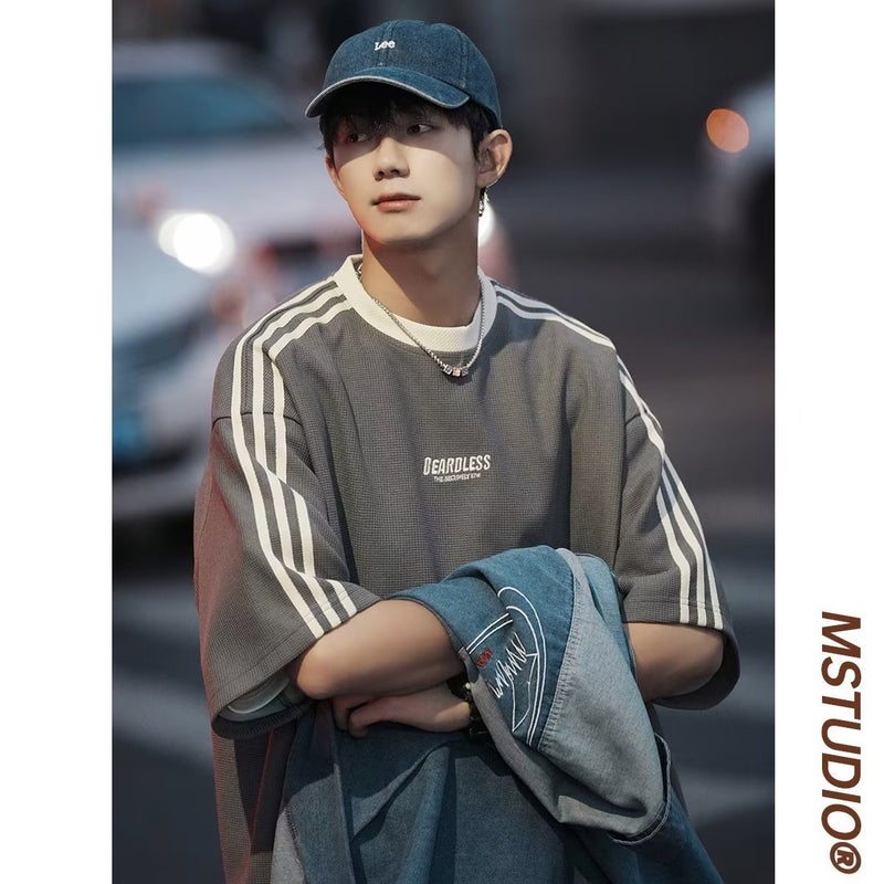 Waffleted T-Shirt Men'S Summer Loose Casual Striped Sports Top American Retro Trendy Brand High Street Short-Sleeved T-Shirt - Image 4