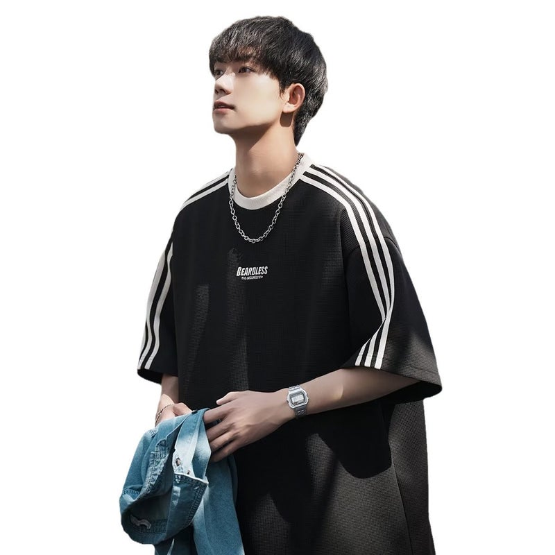 Waffleted T-Shirt Men'S Summer Loose Casual Striped Sports Top American Retro Trendy Brand High Street Short-Sleeved T-Shirt - Image 5
