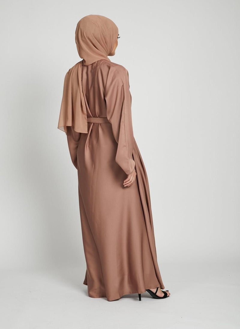 NUKHBAA Elegant Brown plain abaya wityh belt and Hijab-AB83  - Image 2