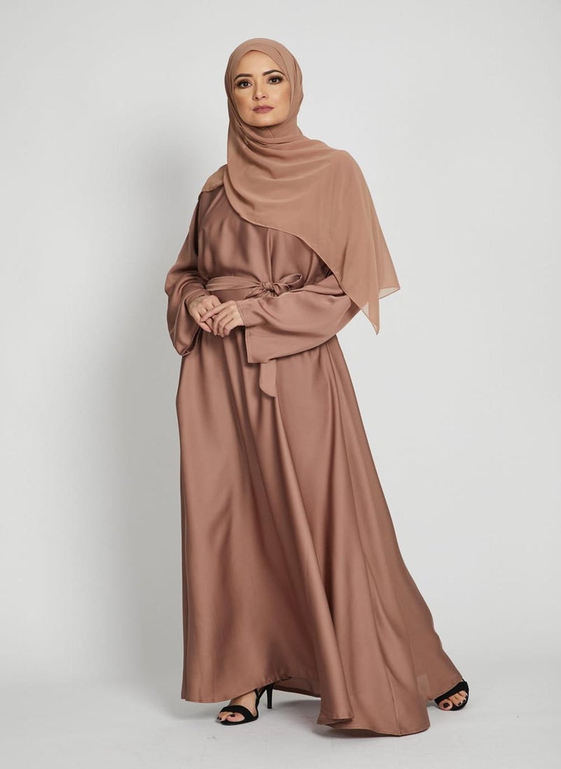 NUKHBAA Elegant Brown plain abaya wityh belt and Hijab-AB83  - Image 3