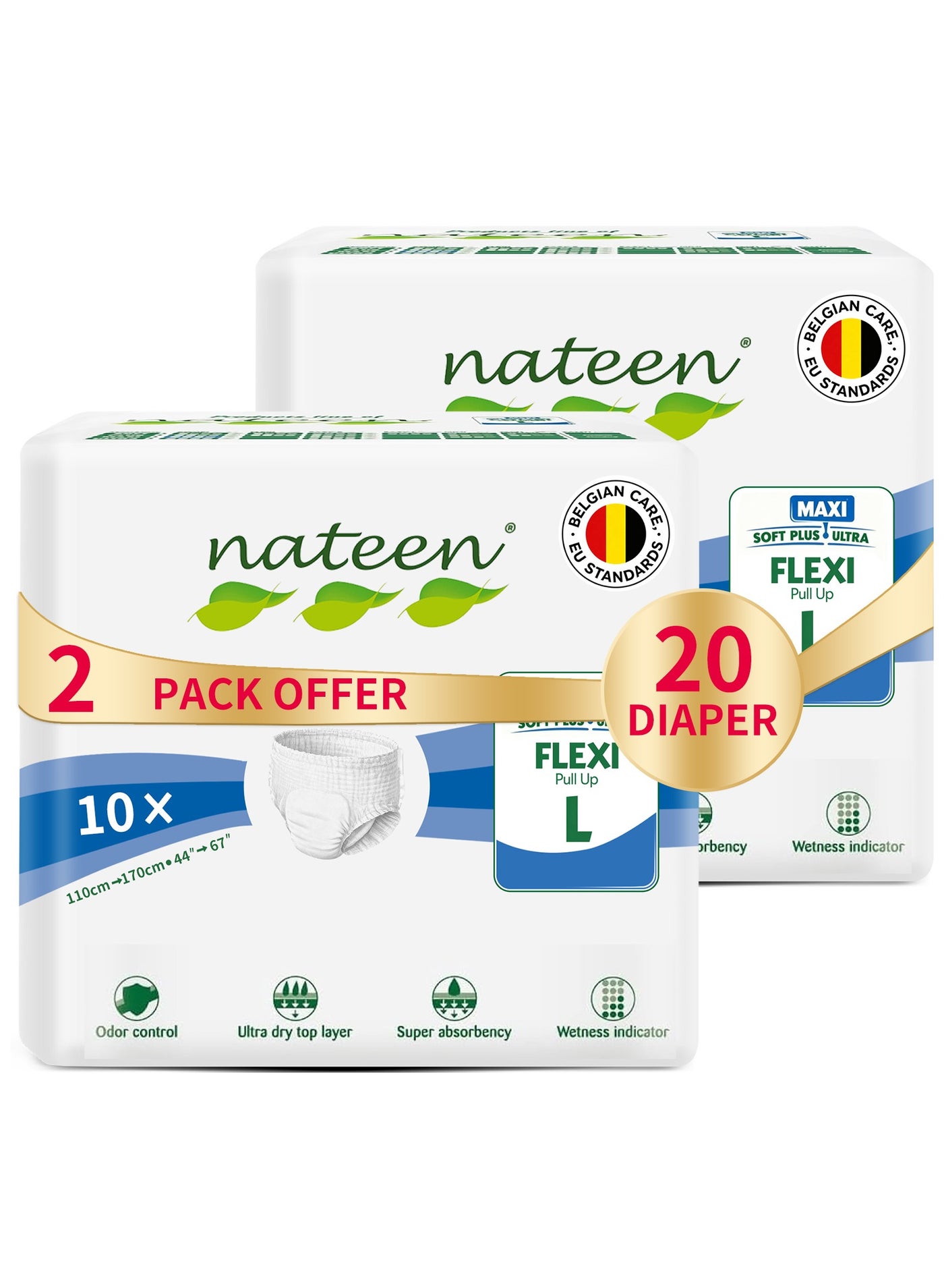 nateen Flexi Maxi Adult Diapers Pants,Incontinence Night Time Pull Up,Large,Waist Size 110-170cm,20 Count Adult Pull Ups,Superior Comfort,Excellent Combination of Protection.