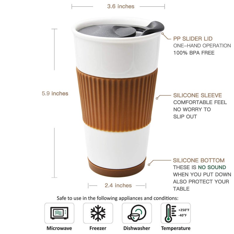 Udmg Ceramic Double Wall Insulated Travel Coffee Cup With Slider Lid  Silicone Sleeve & Built-In Coaster  10 Fl.Oz (Coffee) - Image 3