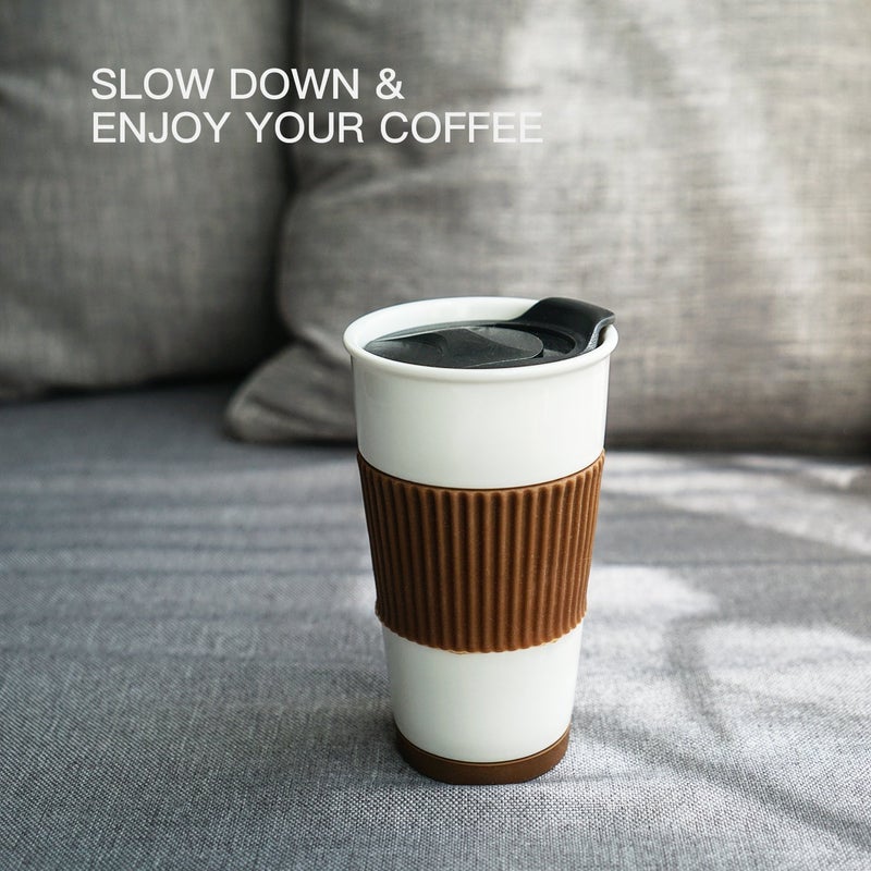 Udmg Ceramic Double Wall Insulated Travel Coffee Cup With Slider Lid  Silicone Sleeve & Built-In Coaster  10 Fl.Oz (Coffee) - Image 4