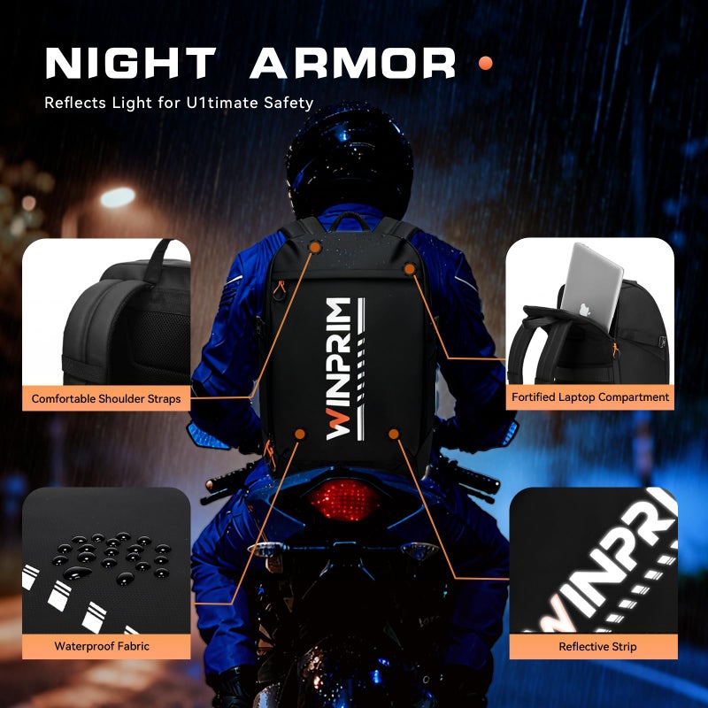 WINPRIM Motorcycle Helmet Backpack Large Capacity Reflective Waterproof Laptop Backpack with Padded Electronics Compartment Mochilas Para Motociclistas for Cycling Hiking Riding - Image 4