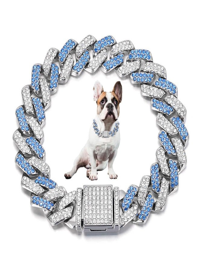 Weimostar Silver Blue Chain Collar for Small Dogs, Dog Cuban Link Collar, Girl Bling Dog Necklace Rhinestone Diamond Glitter Sparkly Jewelry for XXS XS Small Medium Large Female Boy Puppy Pet Cat Kitten 8 Inch - Image 1