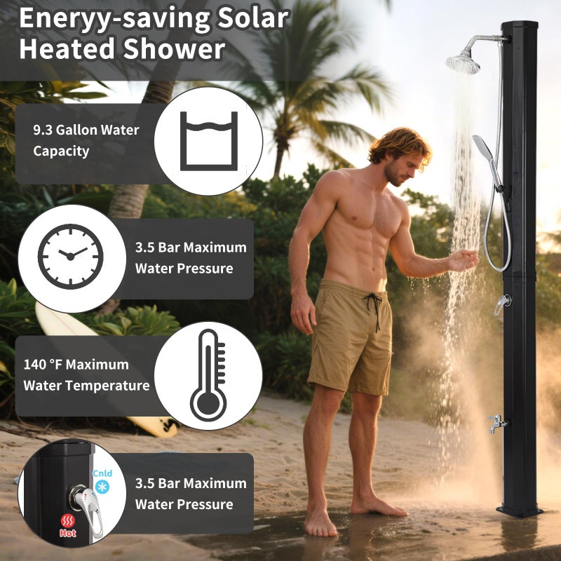 Nollapo 9.3 Gallon Solar Heated Outdoor Shower, 7.2FT Height, 360Â°Rotating Rainfall + 6FT Handheld Shower + Foot Faucet, Freestanding Black Poolside Shower with Hot & Cold Water Adjustment - Image 5
