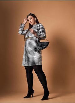 SASSAFRAS Plus Size Houndstooth Print Belted A-Line Mini Dress by Styli  - Image 2