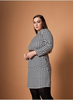 SASSAFRAS Plus Size Houndstooth Print Belted A-Line Mini Dress by Styli  - Image 3
