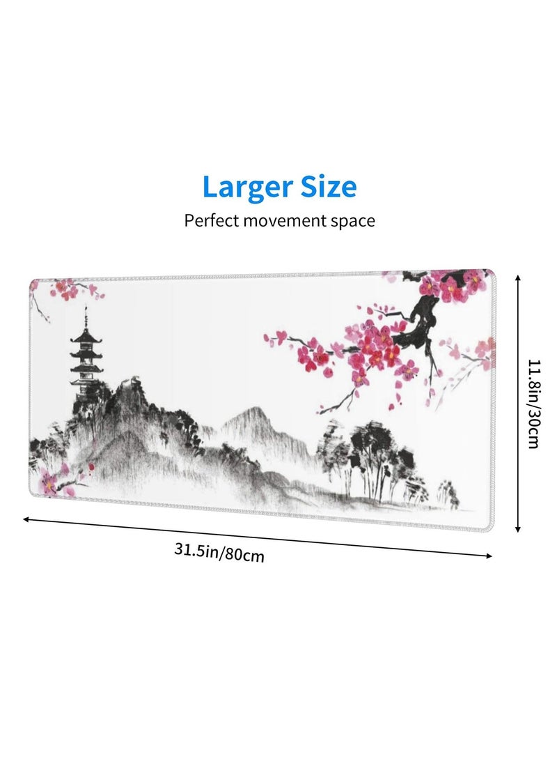 Generic - Extended Large Black and White Gaming Mouse Pad with Cherry Blossom Design, Stitched Edges and Non,Slip Rubber Base, Perfect for Desk Setup - Image 1