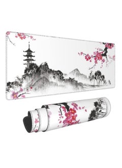 Extended Large Black and White Gaming Mouse Pad with Cherry Blossom Design, Stitched Edges and Non,Slip Rubber Base, Perfect for Desk Setup