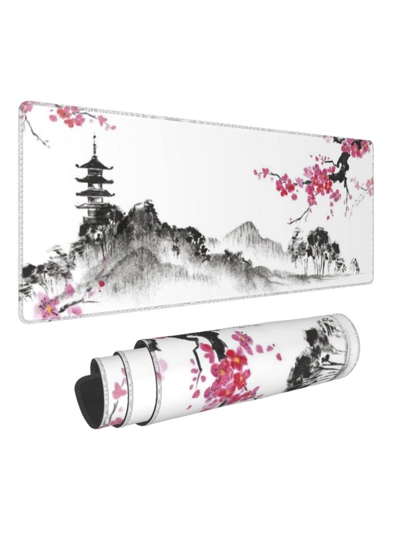 Generic - Extended Large Black and White Gaming Mouse Pad with Cherry Blossom Design, Stitched Edges and Non,Slip Rubber Base, Perfect for Desk Setup - Image 1