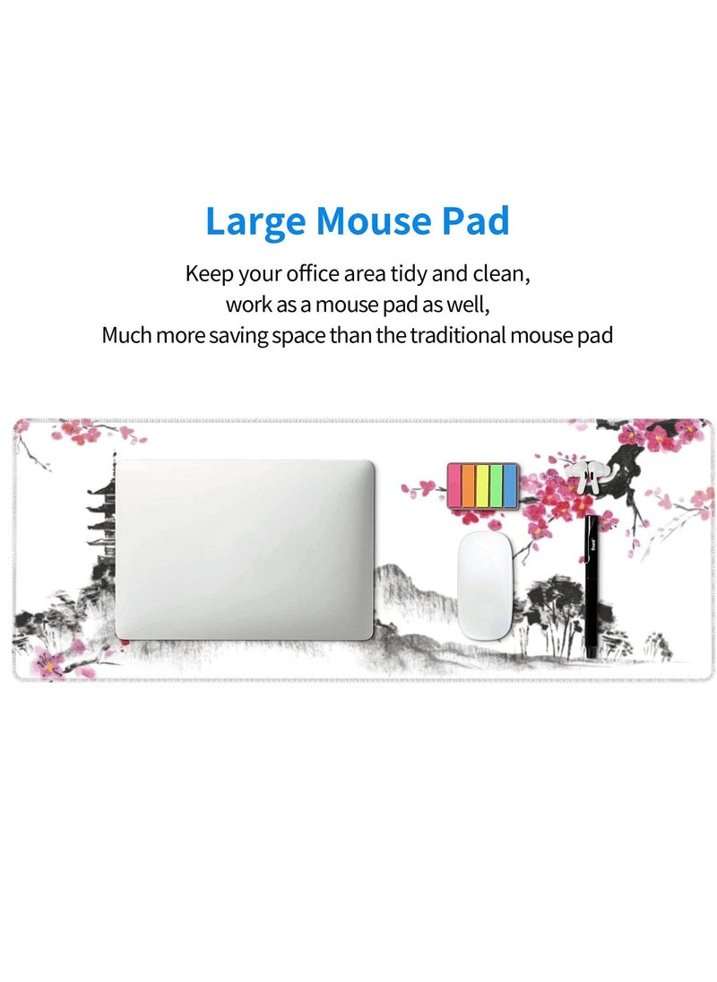 Generic - Extended Large Black and White Gaming Mouse Pad with Cherry Blossom Design, Stitched Edges and Non,Slip Rubber Base, Perfect for Desk Setup - Image 1