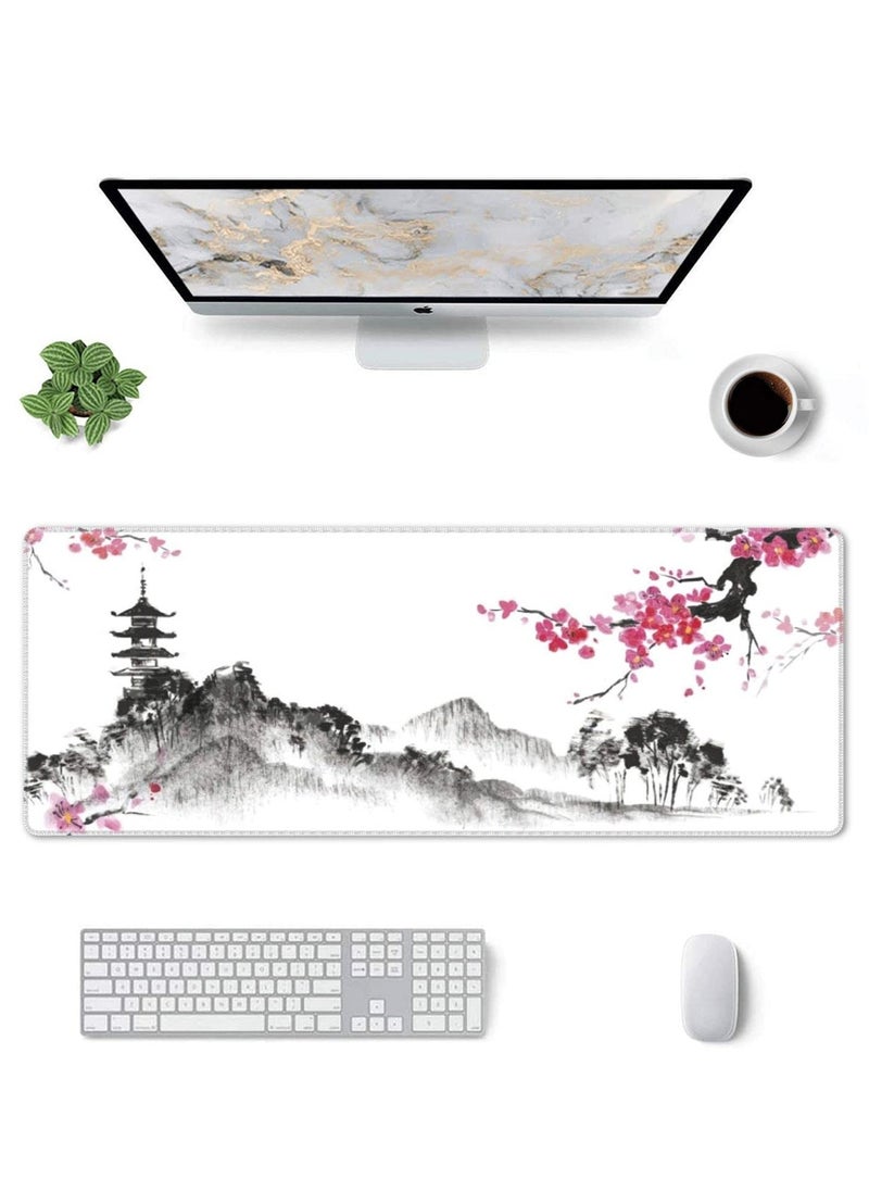 Generic - Extended Large Black and White Gaming Mouse Pad with Cherry Blossom Design, Stitched Edges and Non,Slip Rubber Base, Perfect for Desk Setup - Image 1