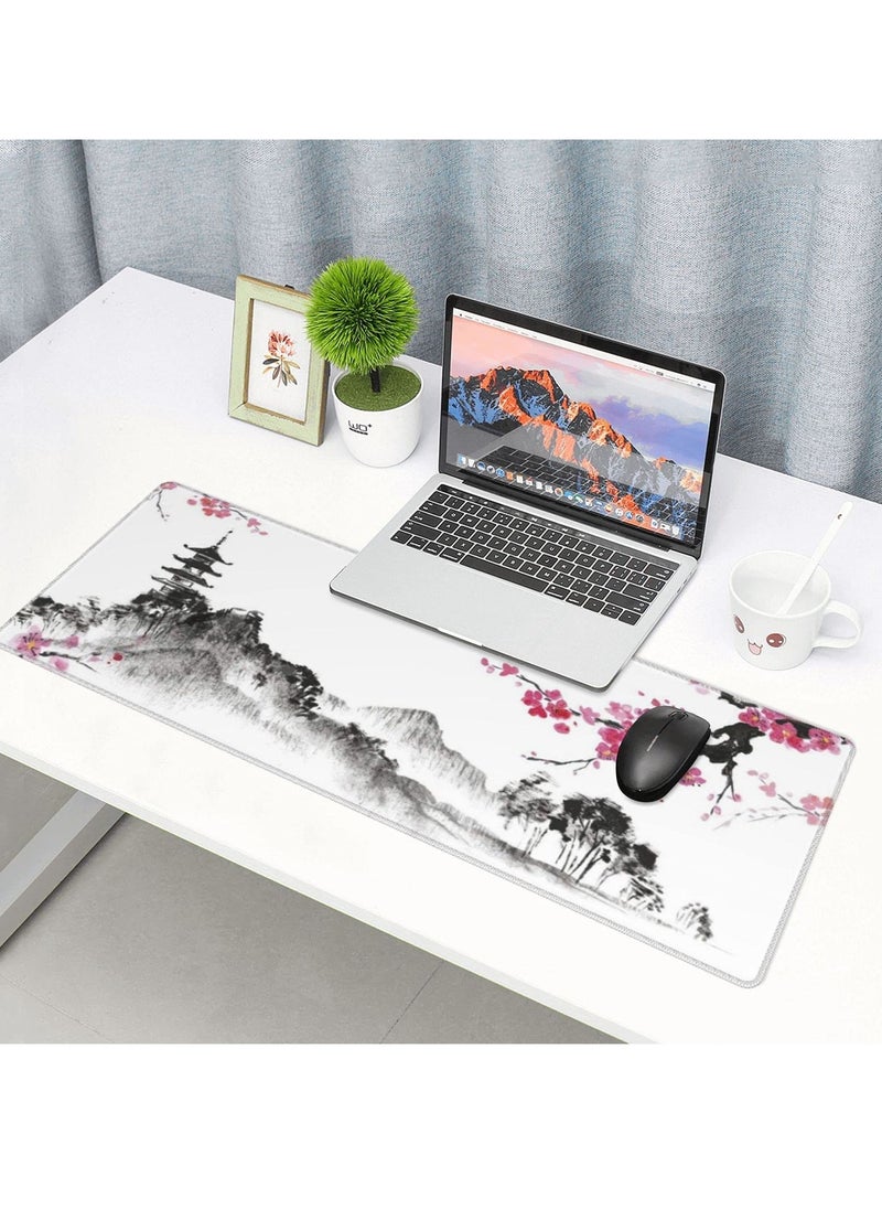 Generic - Extended Large Black and White Gaming Mouse Pad with Cherry Blossom Design, Stitched Edges and Non,Slip Rubber Base, Perfect for Desk Setup - Image 1