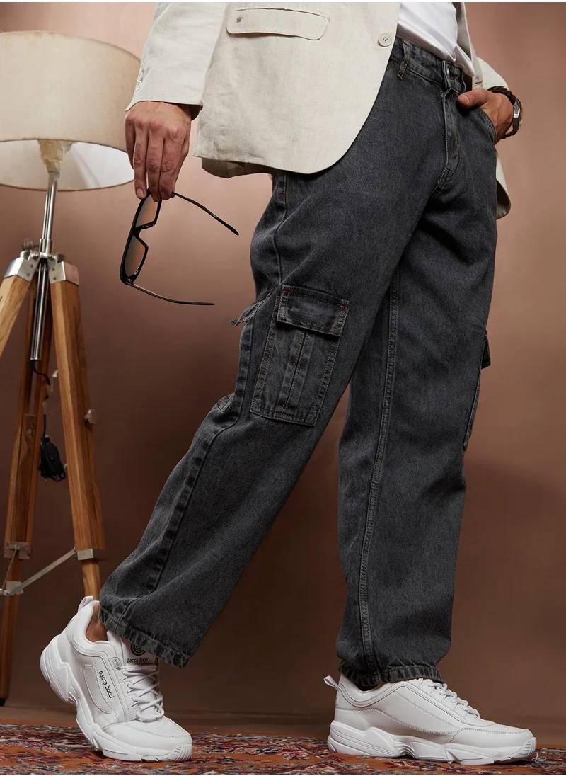 Campus Sutra Campus Sutra Men's Charcoal Black Acid-Wash Utility Denim Jeans For Casual Wear | Mid-Rise | Relaxed Fit | Button Closure | Denim Jeans Crafted With Comfort Fit For Everyday Wear