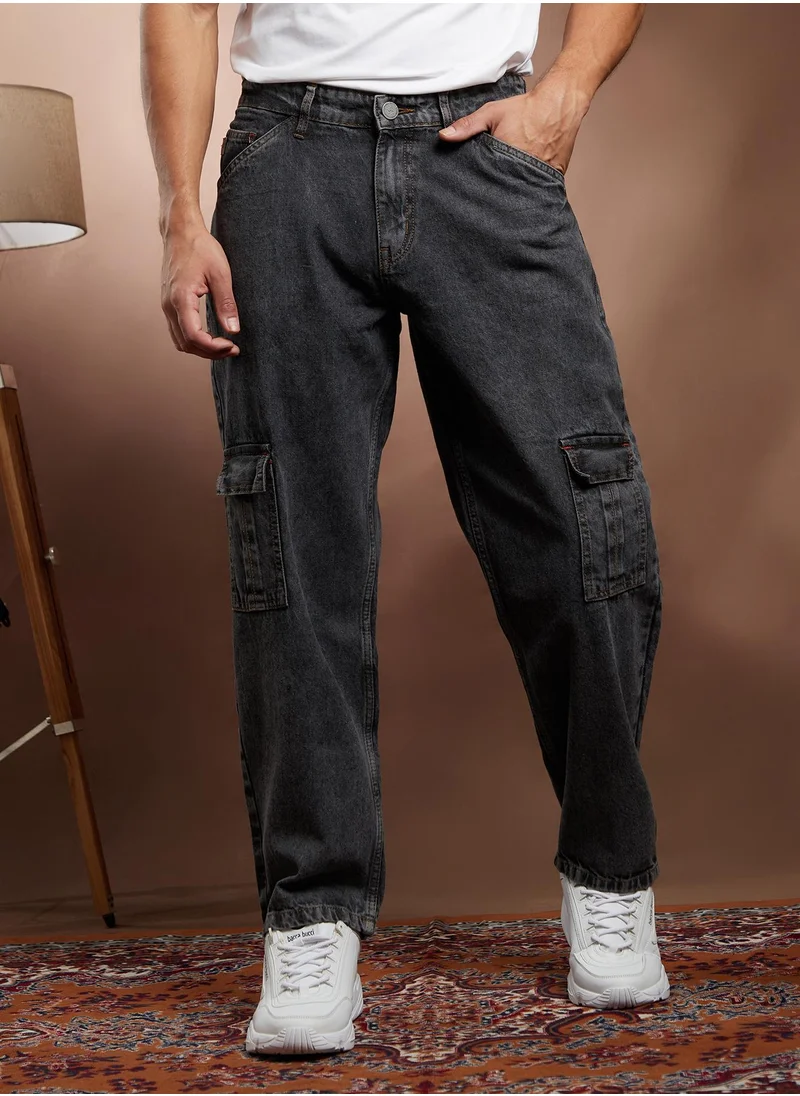 Campus Sutra Campus Sutra Men's Charcoal Black Acid-Wash Utility Denim Jeans For Casual Wear | Mid-Rise | Relaxed Fit | Button Closure | Denim Jeans Crafted With Comfort Fit For Everyday Wear